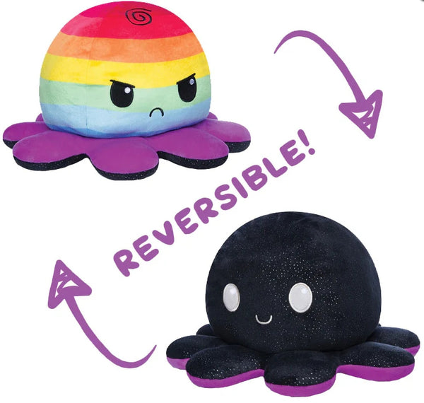 BIG Reversible Octopus Plushie: Happy Black Sparkle and Angry Rainbow Stripes