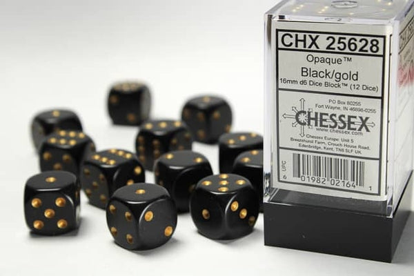 Chessex: Opaque 16mm D6 Black/Gold (12)