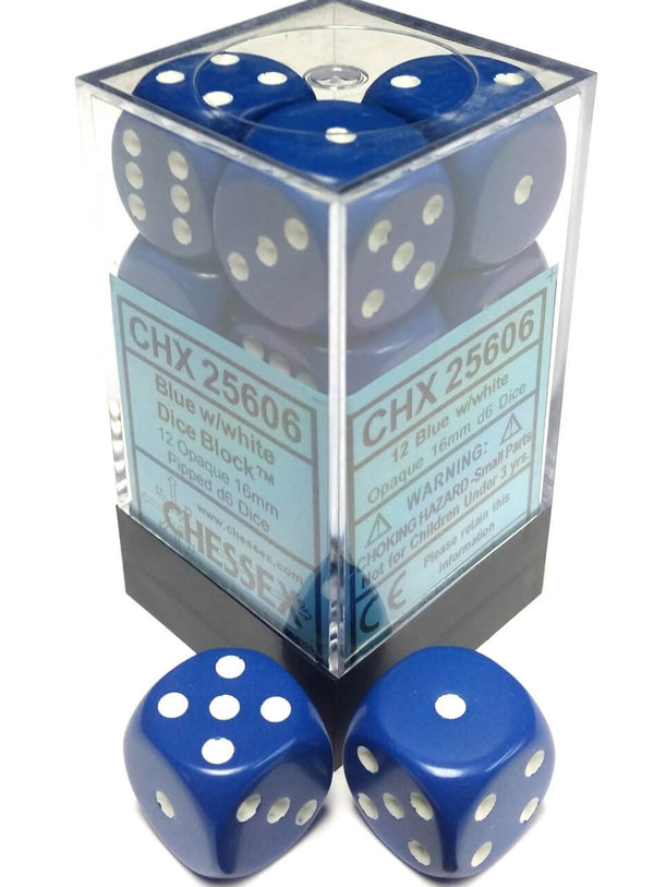 Chessex: Opaque 16mm D6 Blue/White (12)