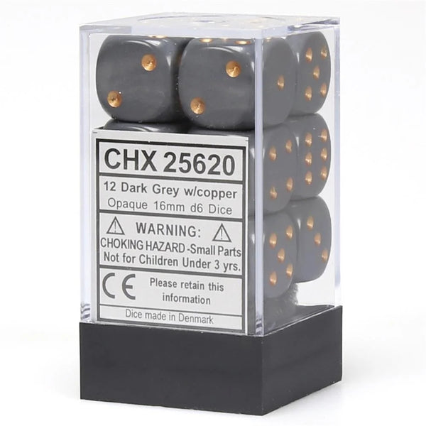 Chessex: Opaque 16mm D6 Dark Grey/Copper (12)