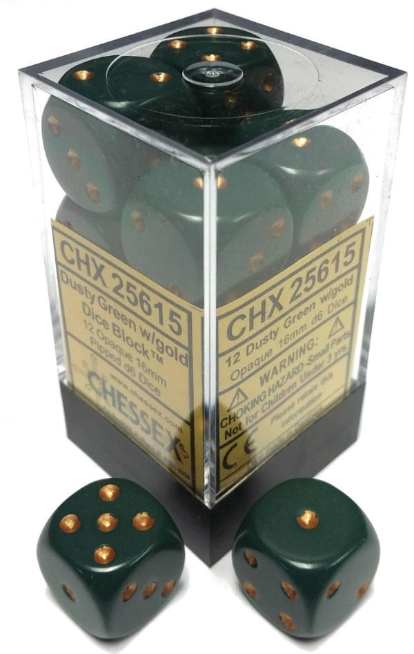 Chessex: Opaque 16mm D6 Dusty Green/Copper (12)