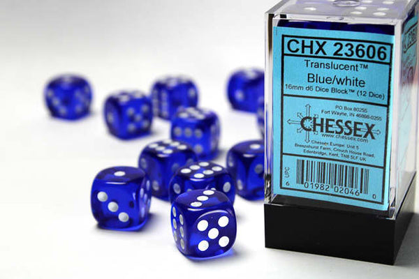 Chessex: Translucent - 16mm D6 Blue/White (12)