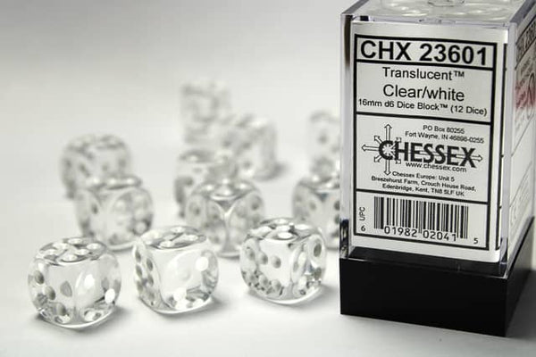 Chessex: Translucent - 16mm D6 Clear/White (12)