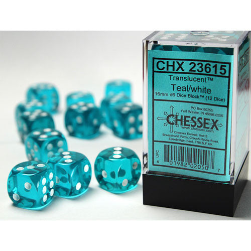 Chessex: Translucent - 16mm D6 Teal/White (12)
