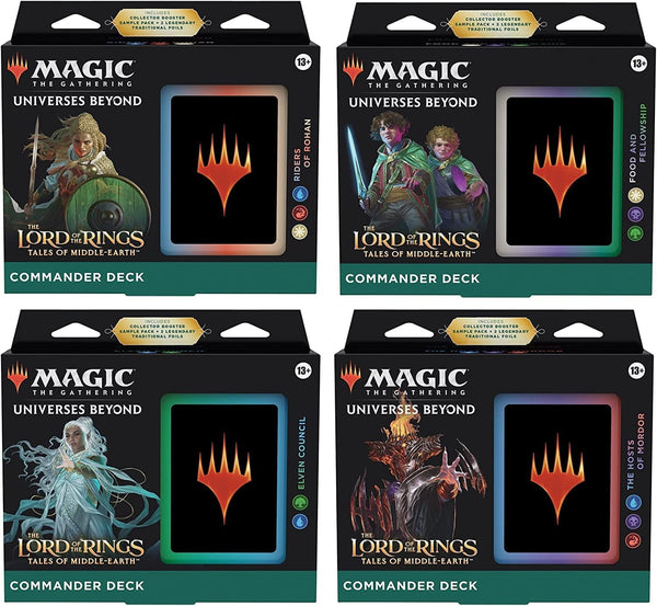 Mtg Lord of the Rings Tales of Middle-Earth Riders of Rohan, Food & Fellowship,The Hosts of Mordor, Elven Council Set of 4 Commander Decks Mtg Lord of the Rings Tales of Middle-Earth Riders of Rohan, Food & Fellowship,The Hosts of Mordor, Elven Council Set of 4 Commander Decks